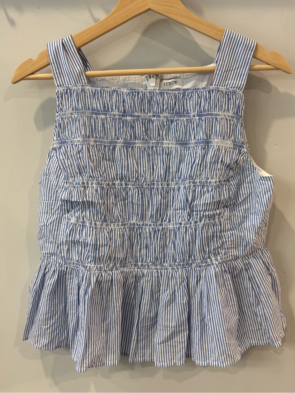 J. Crew Blue & White Striped Smocked Peplum Tank Top 100% Cotton